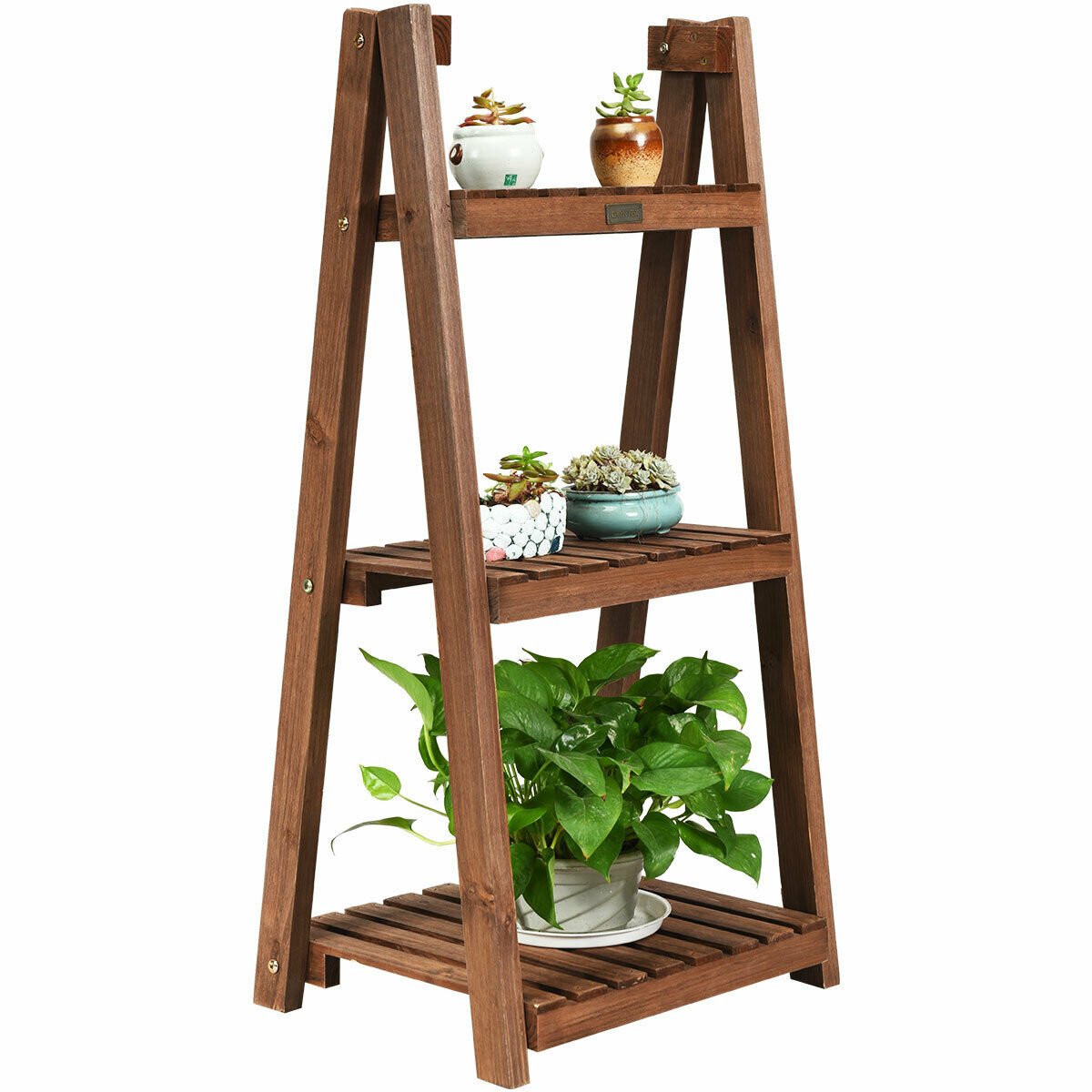 3 Tier Folding Wooden Shelf - Flower Pot & Plant Display