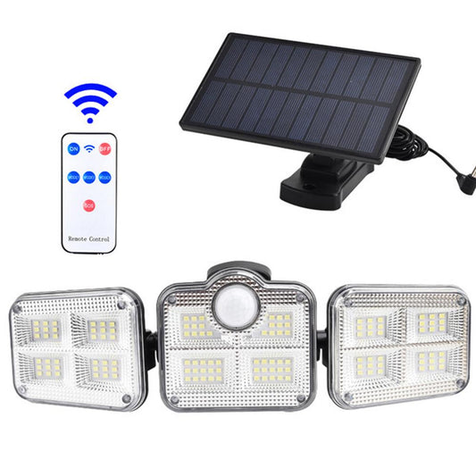 Foco solar con sensor: foco exterior de 122 LED y 3 cabezales con 3 modos