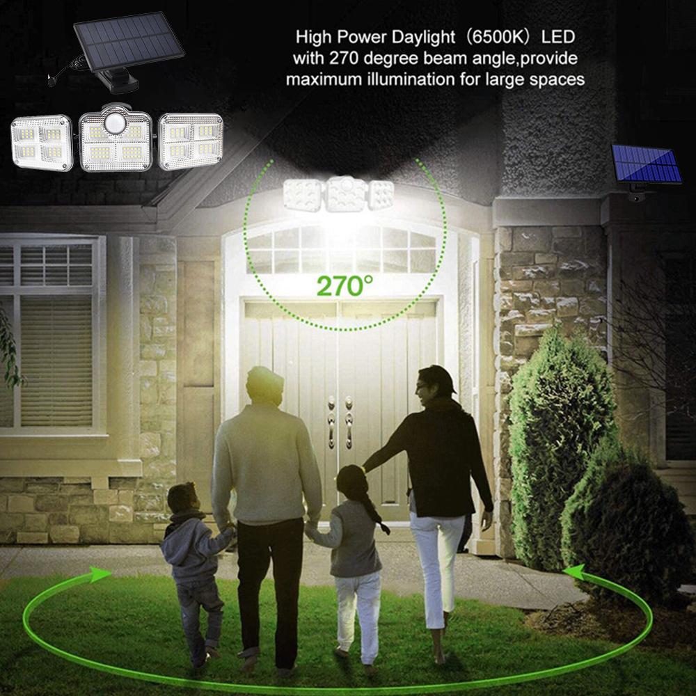 Foco solar con sensor: foco exterior de 122 LED y 3 cabezales con 3 modos