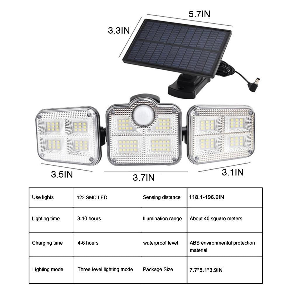 Foco solar con sensor: foco exterior de 122 LED y 3 cabezales con 3 modos