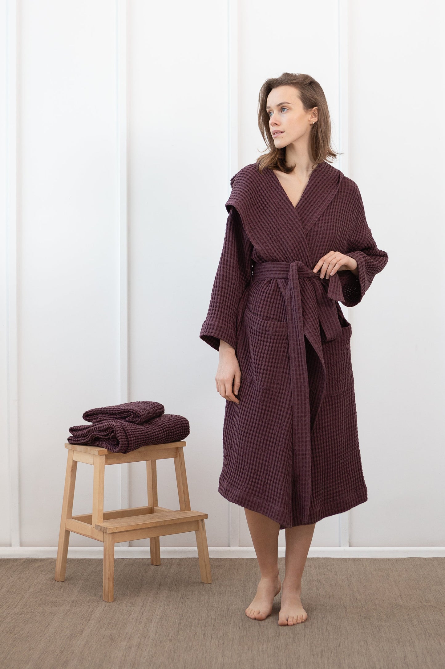 Plum linen waffle robe with hoodie