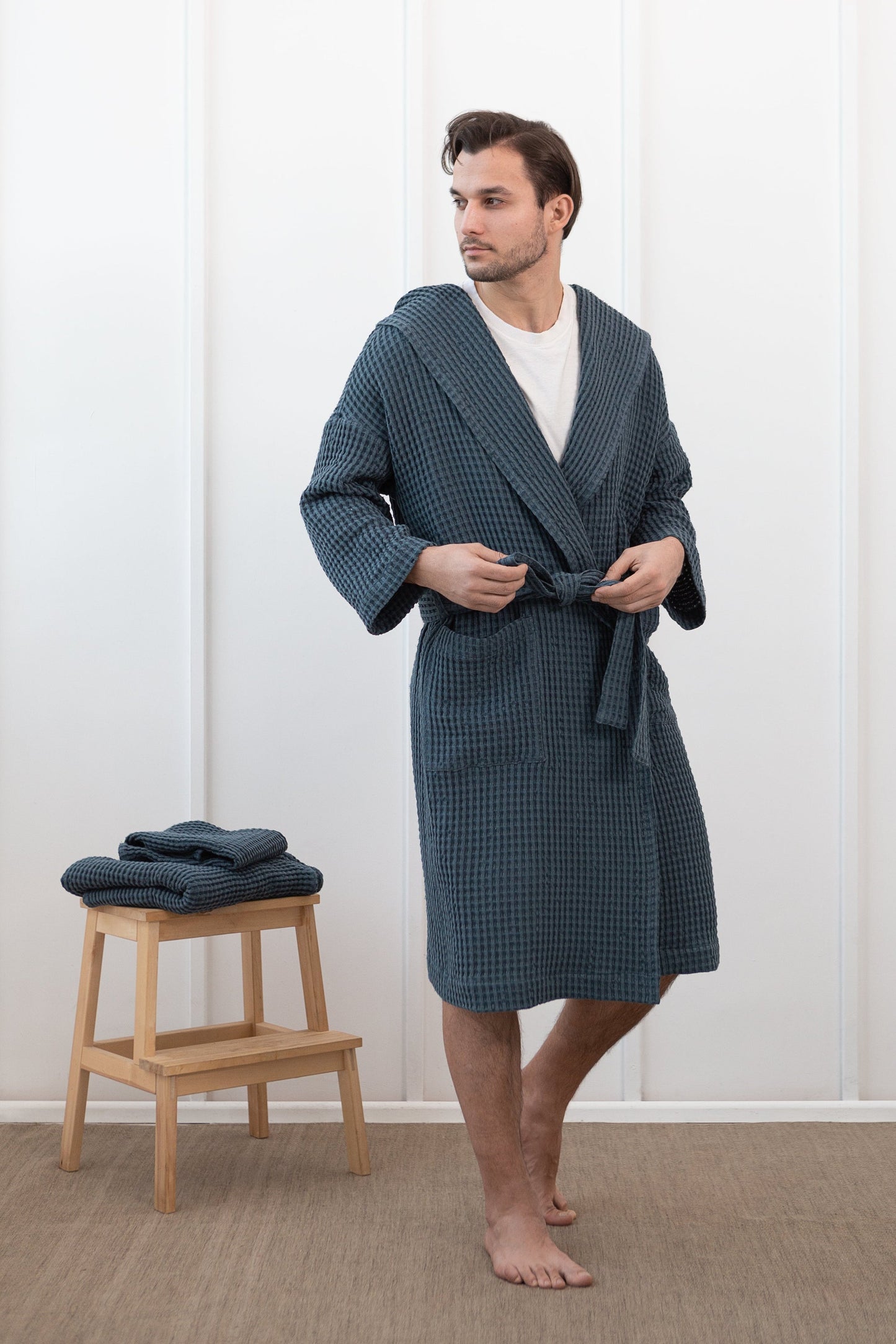 Plum linen waffle robe with hoodie