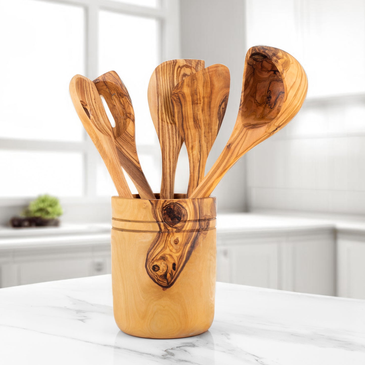 Utensilios de cocina hechos a mano en madera de olivo - Juego de 5 con soporte de madera