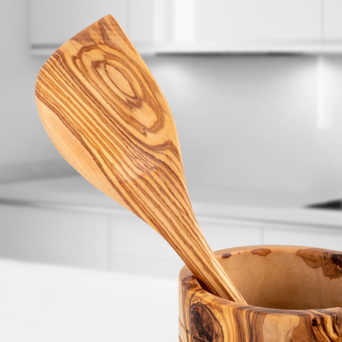 Utensilios de cocina hechos a mano en madera de olivo - Juego de 5 con soporte de madera